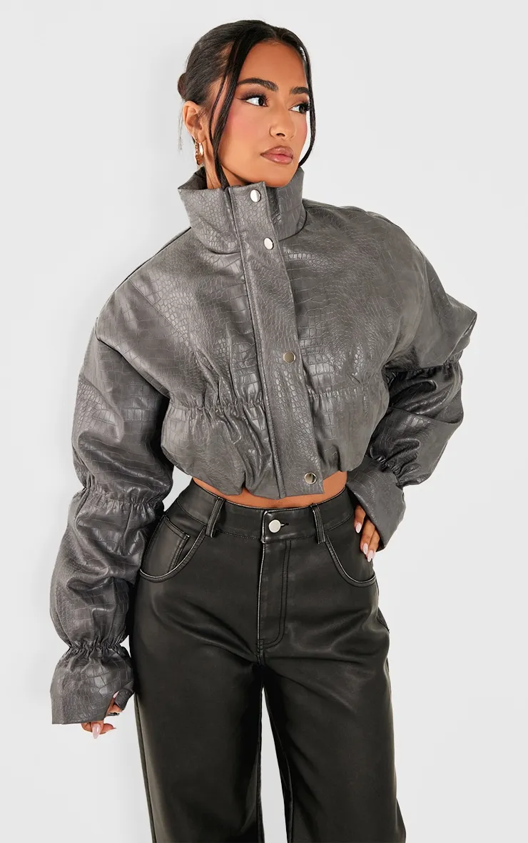 Petite Grey Croc Faux Leather Cropped Puffer Jacket sold by Pretty Little Thing