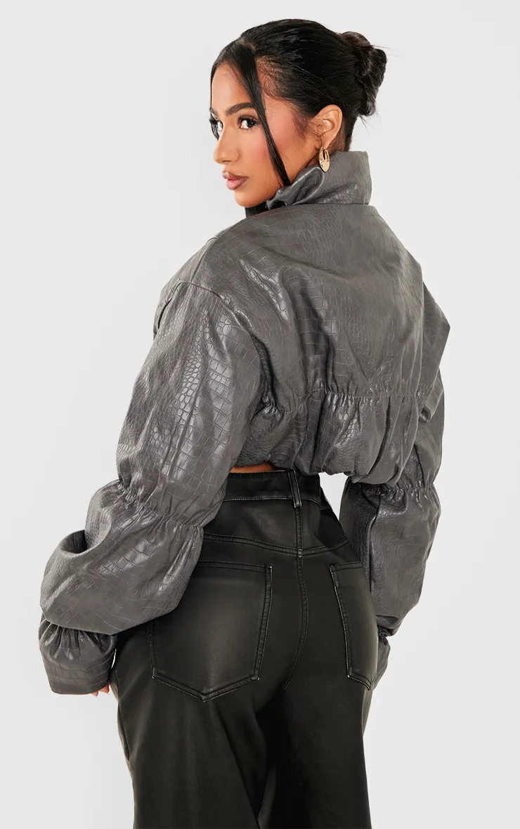 Petite Grey Croc Faux Leather Cropped Puffer Jacket sold by Pretty Little Thing product image thumbnail 2