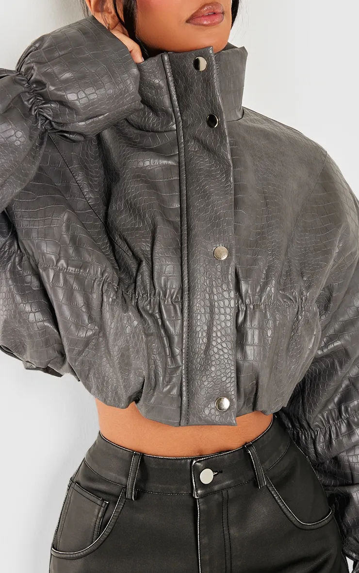 Petite Grey Croc Faux Leather Cropped Puffer Jacket sold by Pretty Little Thing product image thumbnail 4