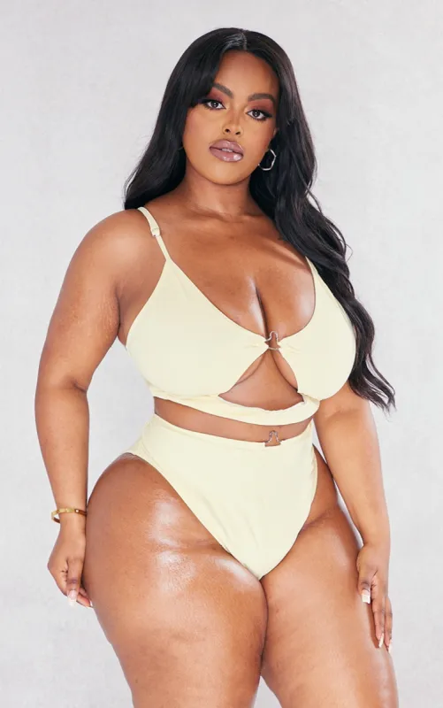 Plus Cream Cut Out Gold Trim Scoop Neck Bikini Top sold by Pretty Little Thing