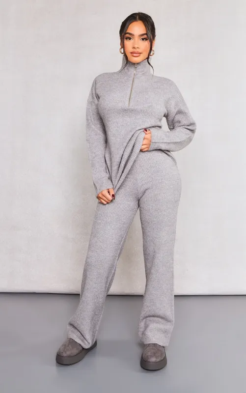 Petite Grey Marl Knit Wide Leg Trousers sold by Pretty Little Thing