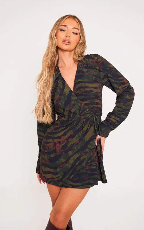 Khaki Zebra Print Wrap Tie Bodycon Dress made by Pretty Little Thing