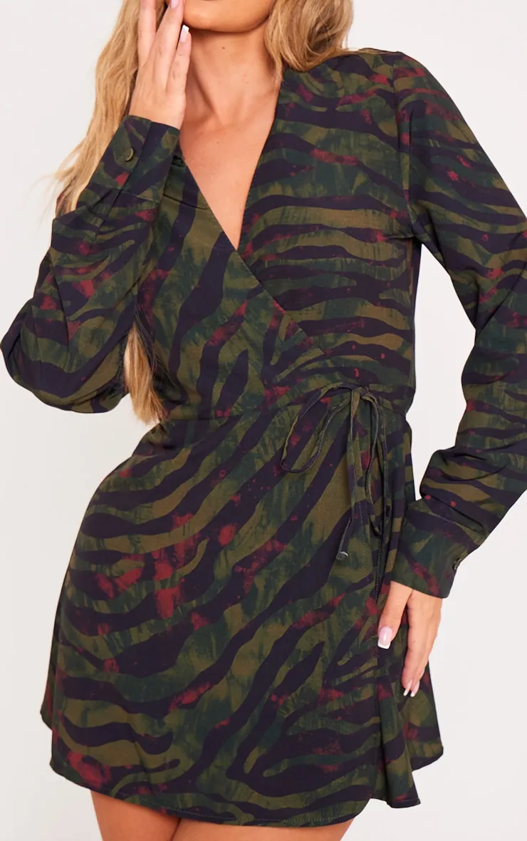 Khaki Zebra Print Wrap Tie Bodycon Dress sold by Pretty Little Thing product image thumbnail 4