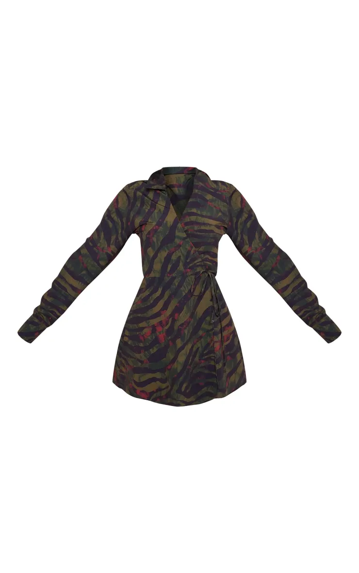 Khaki Zebra Print Wrap Tie Bodycon Dress sold by Pretty Little Thing product image thumbnail 5