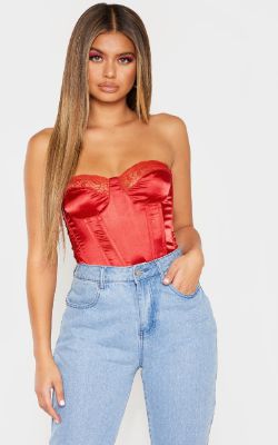 Red Lace Trim Satin Corset sold by Pretty Little Thing