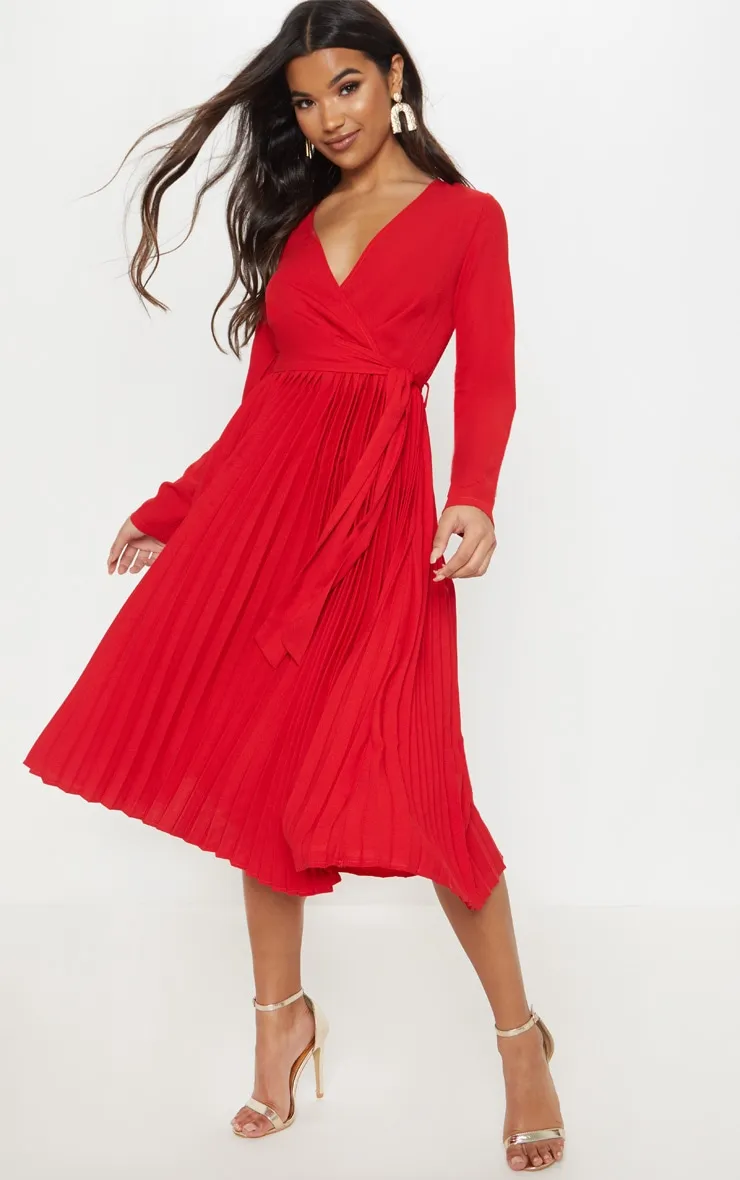 Red Long Sleeve Pleated Midi Dress sold by Pretty Little Thing