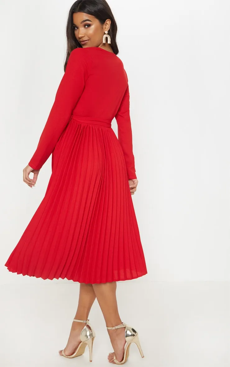 Red Long Sleeve Pleated Midi Dress sold by Pretty Little Thing product image thumbnail 2