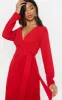 Red Long Sleeve Pleated Midi Dress sold by Pretty Little Thing