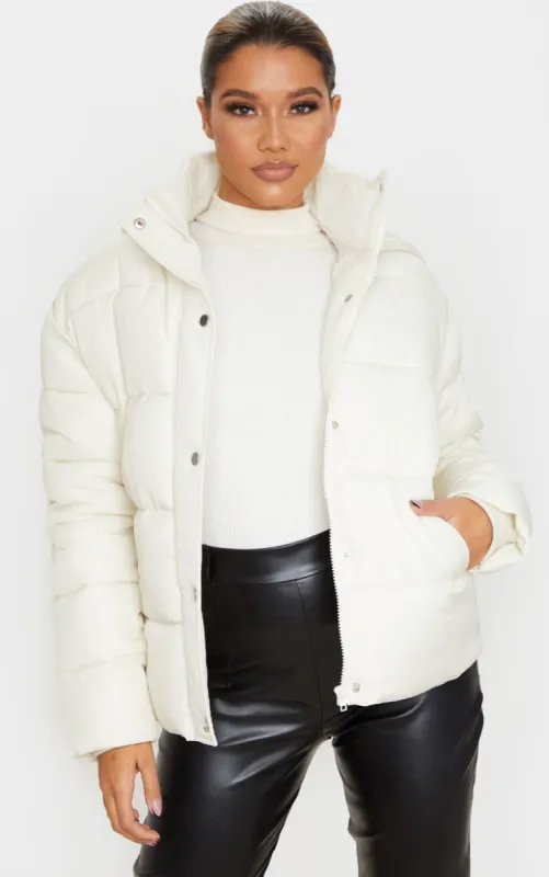 Cream Padded Panel Puffer Hooded Jacket sold by Pretty Little Thing