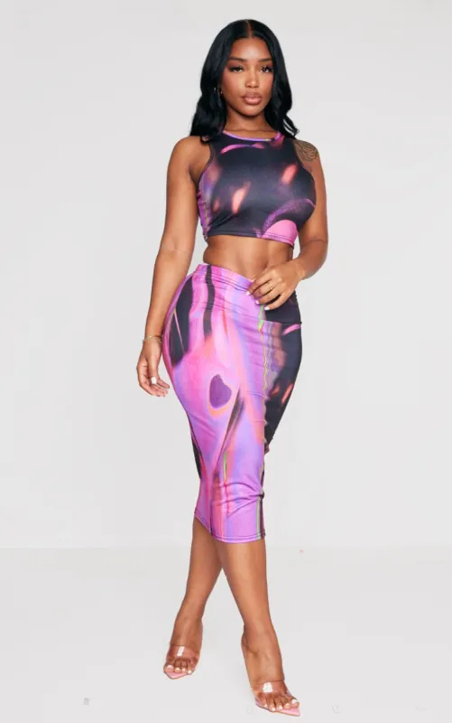  Shape Pink Abstract Print Slinky Low Rise Midi Skirt sold by Pretty Little Thing
