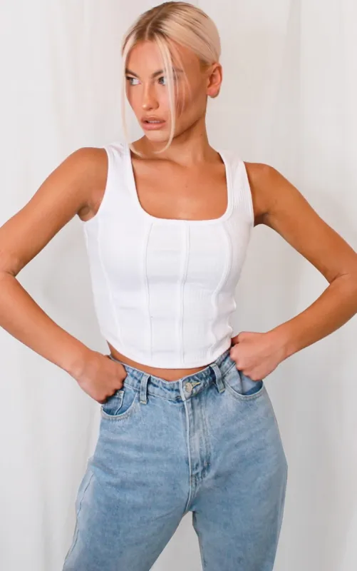 White Rib Corset Detail Crop Top sold by Pretty Little Thing