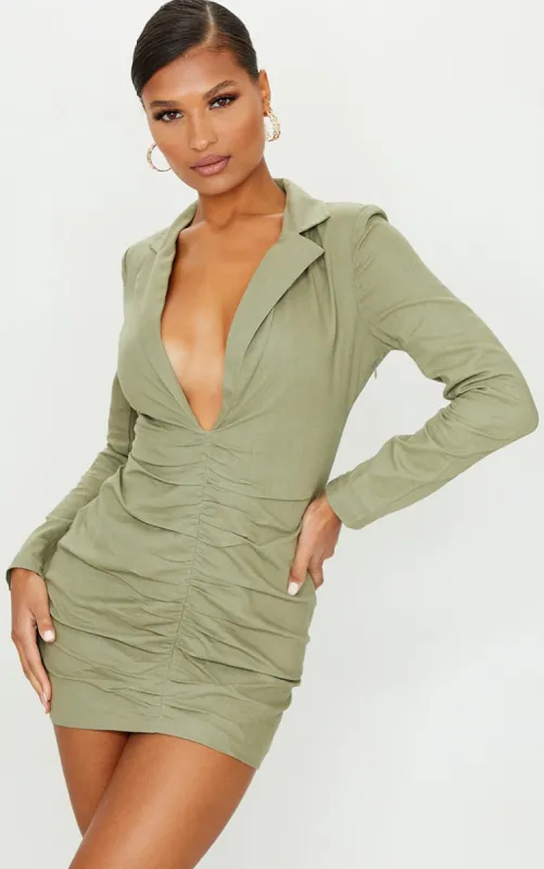 Khaki Plunge Ruched Front Blazer Dress sold by Pretty Little Thing