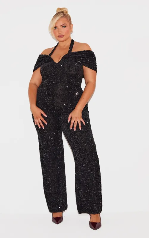 Plus Black Velour Sequined Bardot Halter Neck Strap Jumpsuit sold by Pretty Little Thing