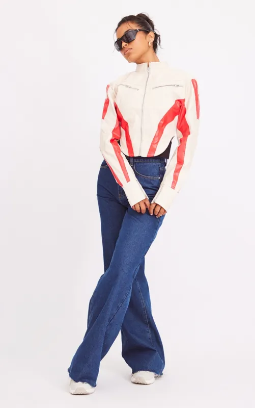 Cream Contrast Panel Detail Dipped Front Faux Leather Jacket sold by Pretty Little Thing