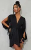 Black Satin Twist Front Open Sleeve Wrap Dress sold by Pretty Little Thing