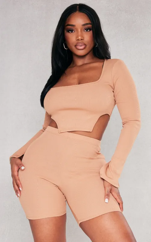 Shape Camel Rib Square Neck Cut Out Side Crop Top sold by Pretty Little Thing