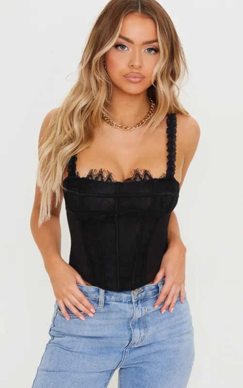 Black Mesh Lace Panel Curved Hem Corset sold by Pretty Little Thing