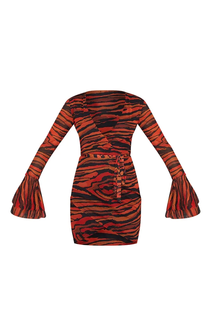 Orange Zebra Print Mesh Flared Sleeve Tie Waist Bodycon Dress sold by Pretty Little Thing product image thumbnail 5