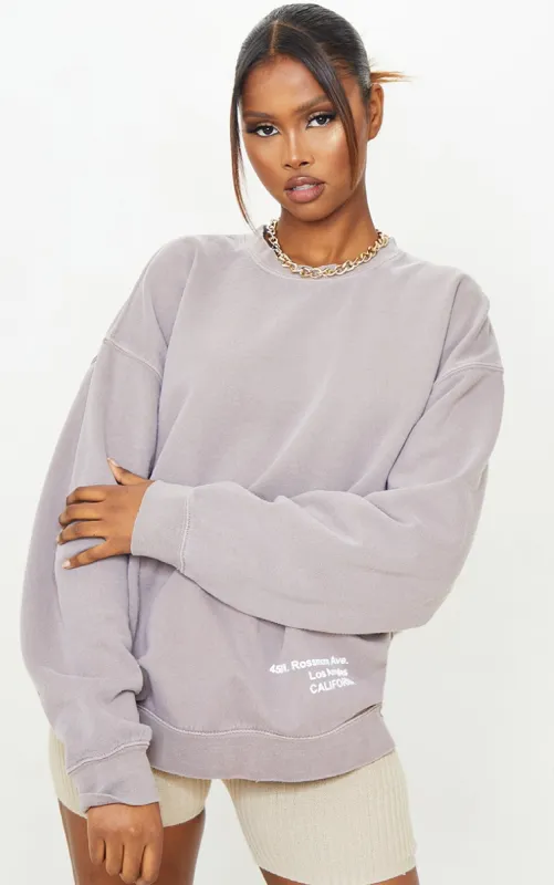 Mocha Los Angeles Small Print Slogan Washed Sweatshirt sold by Pretty Little Thing