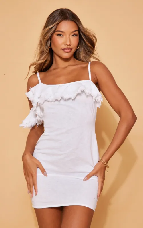 White Textured Asymmetric Strap Bodycon Dress sold by Pretty Little Thing