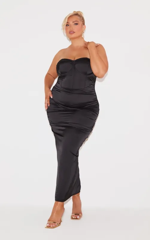 Plus Black Satin Ruched Cupped Maxi Dress sold by Pretty Little Thing
