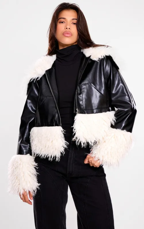 Black Faux Fur Trim Contrast Faux Leather Jacket sold by Pretty Little Thing
