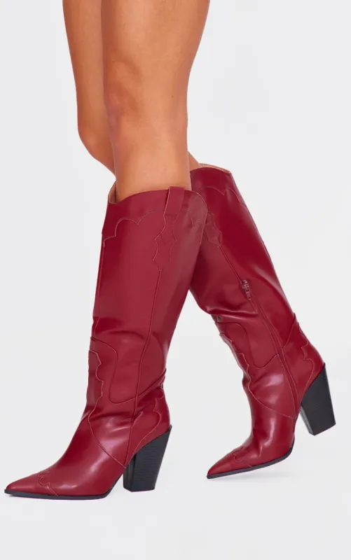Burgundy Wide Fit PU Point Toe Knee High Heeled Western Boots sold by Pretty Little Thing