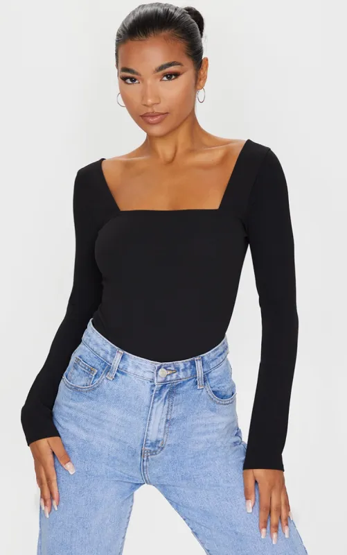 Black Square Neck Long Sleeve Thong Bodysuit sold by Pretty Little Thing