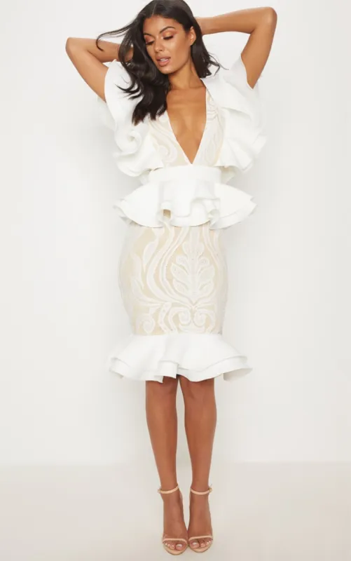 White Ruffle Detail Plunge Midi Dress sold by Pretty Little Thing