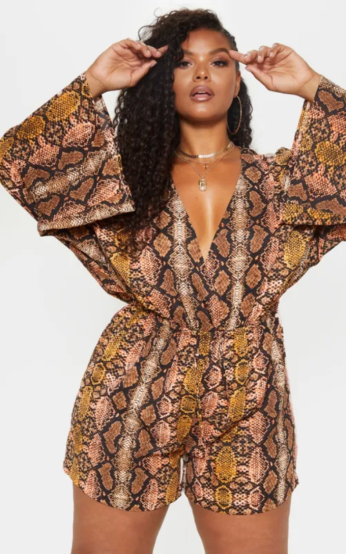 Plus Snake Print Flare Sleeve Playsuit sold by Pretty Little Thing