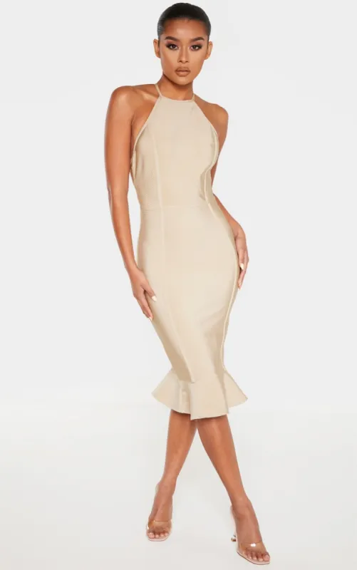 Champagne Bandage Cross Strap Open Back Frill Hem Midi Dress sold by Pretty Little Thing