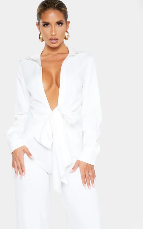 White Woven Tie Front Shirt sold by Pretty Little Thing