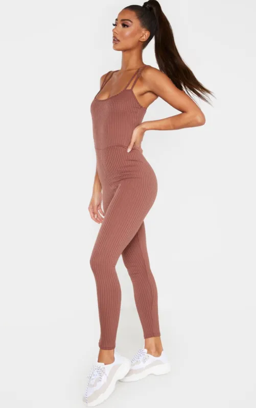 Chocolate Rib Double Strap Jumpsuit sold by Pretty Little Thing