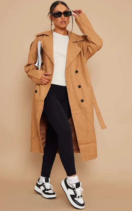 Camel Faux Leather Drop Arm Midi Trench sold by Pretty Little Thing
