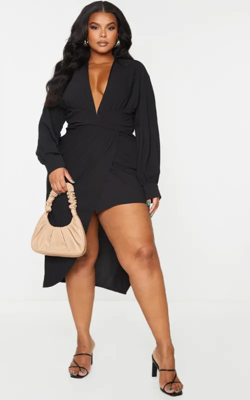 Plus Black Plunge Wrap Textured Dress sold by Pretty Little Thing