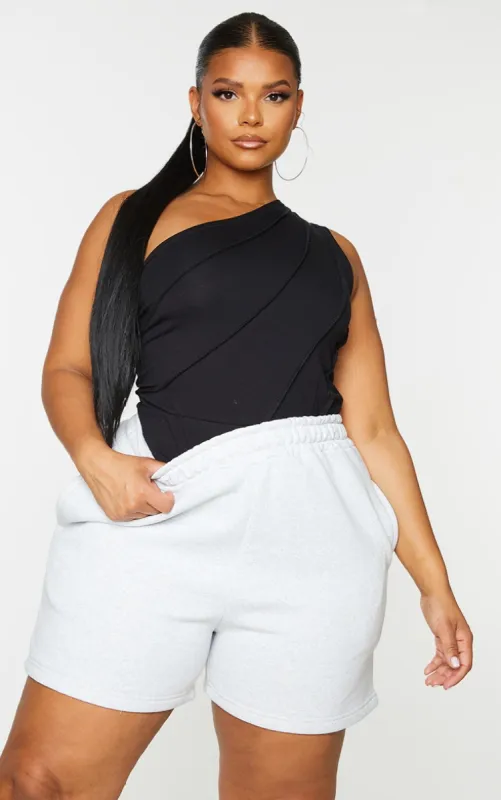 Plus Black One Shoulder Stitch Detail Bodysuit sold by Pretty Little Thing