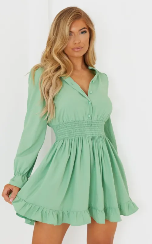Sage Green Shirred Waist Shirt Dress sold by Pretty Little Thing