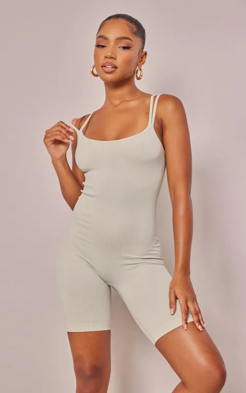 Mint Structured Contour Rib Double Strap Unitard sold by Pretty Little Thing