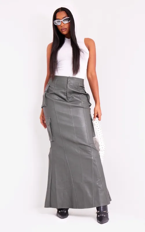 Charcoal Green Faux Leather Cargo Maxi Skirt sold by Pretty Little Thing