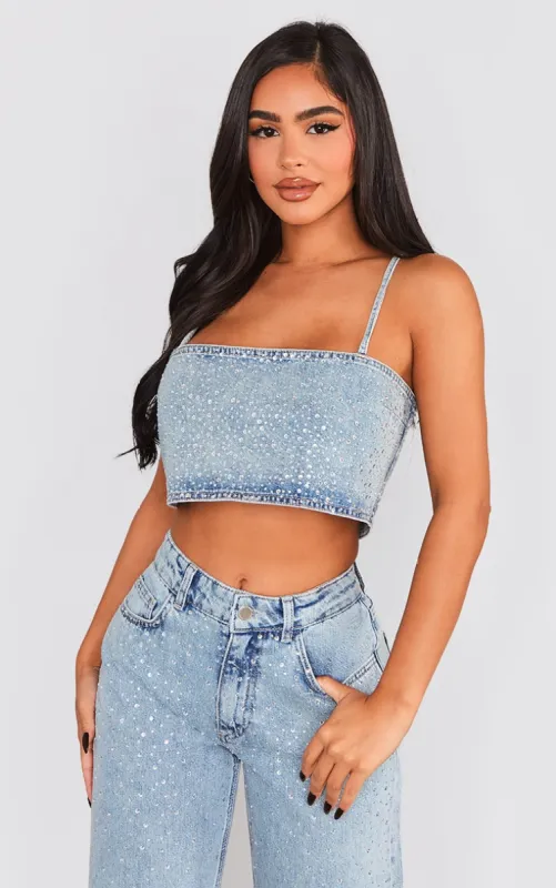 Petite Light Blue Wash Diamante Denim Straight Neck Crop Top sold by Pretty Little Thing