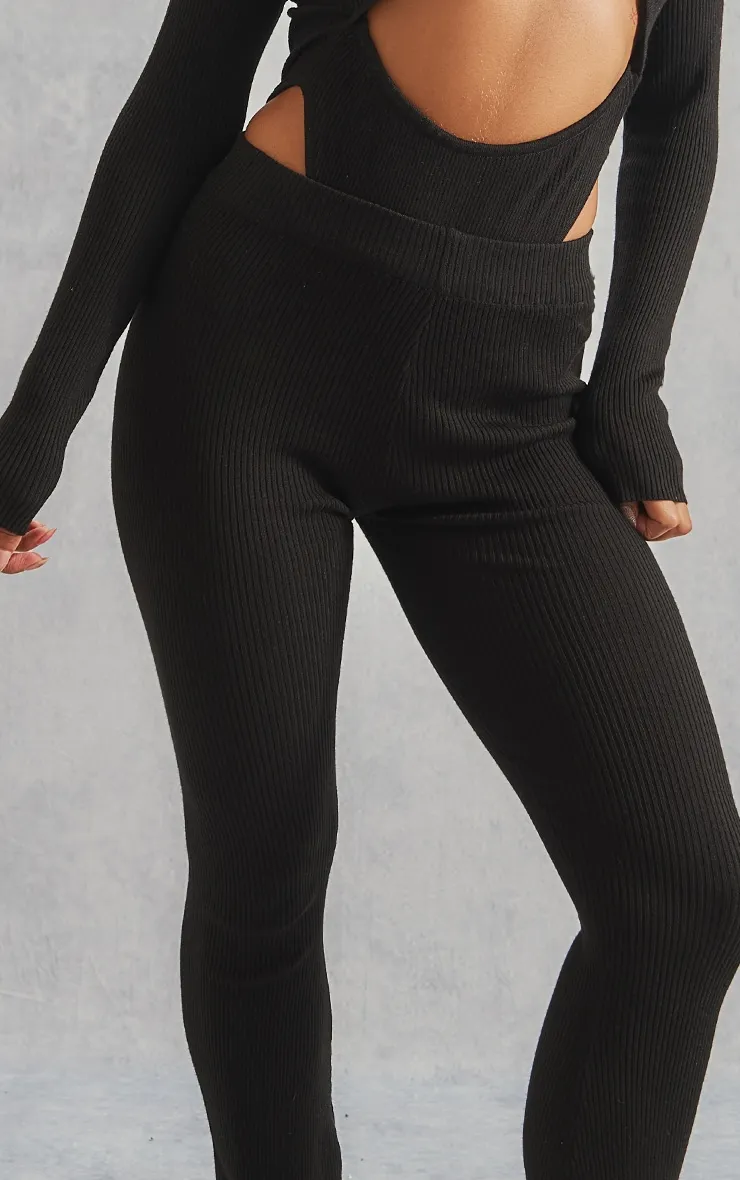 Black Basic Rib Knit Kick Flare Trousers sold by Pretty Little Thing product image thumbnail 4