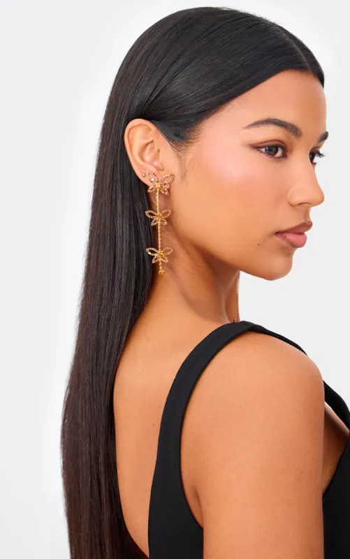 Gold Diamante Butterfly Statement Drop Earrings sold by Pretty Little Thing