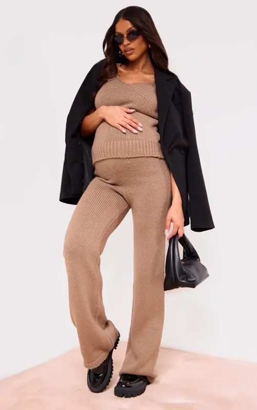 Maternity Taupe Knitted Wide Leg Trousers sold by Pretty Little Thing