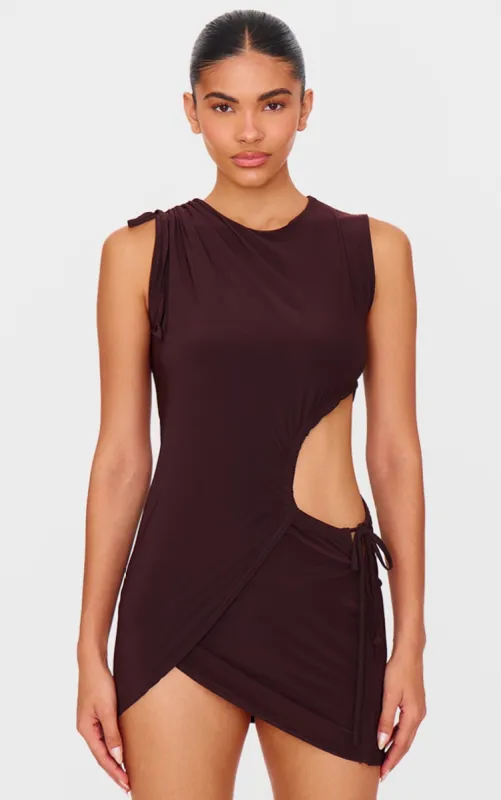 Chocolate Double Layer Slinky Ruched Cut Out Mini Dress sold by Pretty Little Thing