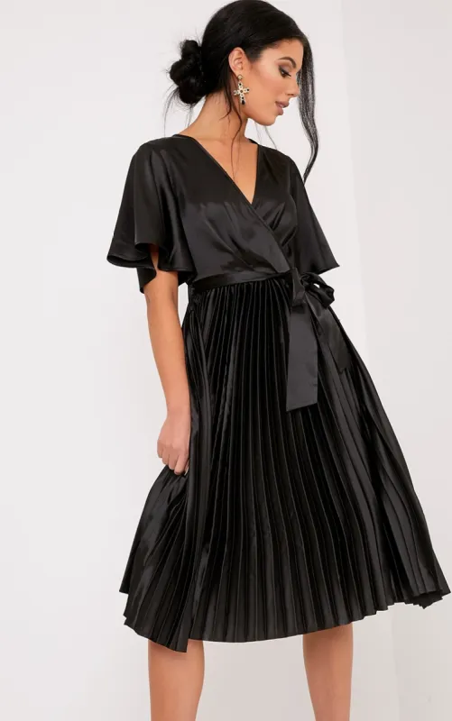Mairee Black Satin Pleated Midi Dress sold by Pretty Little Thing