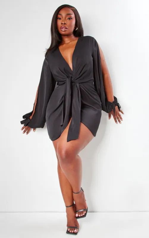 Plus Black Satin Twist Front Open Sleeve Wrap Dress sold by Pretty Little Thing