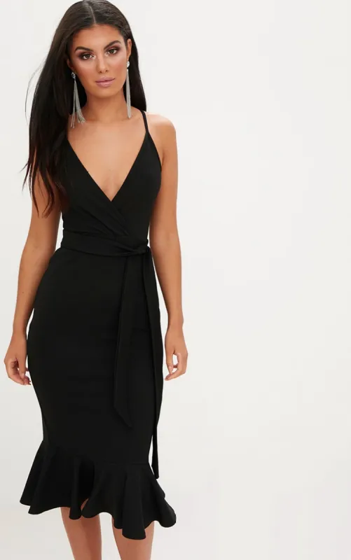 Black Strappy Tie Waist Fishtail Midi Dress sold by Pretty Little Thing