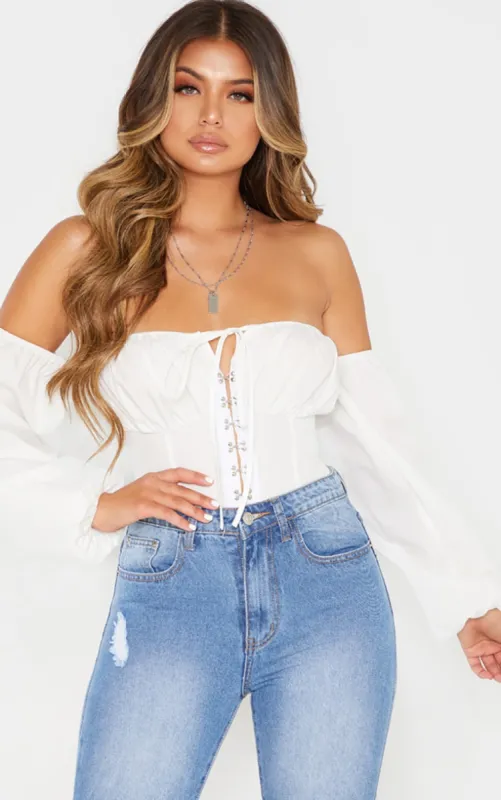 White Hook & Eye Bardot Long Sleeve Bodysuit sold by Pretty Little Thing