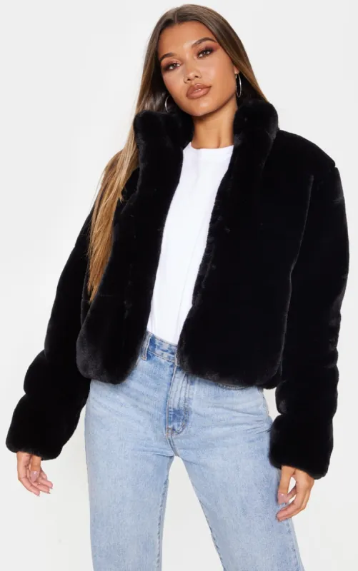 Black Collar Faux Fur Jacket sold by Pretty Little Thing
