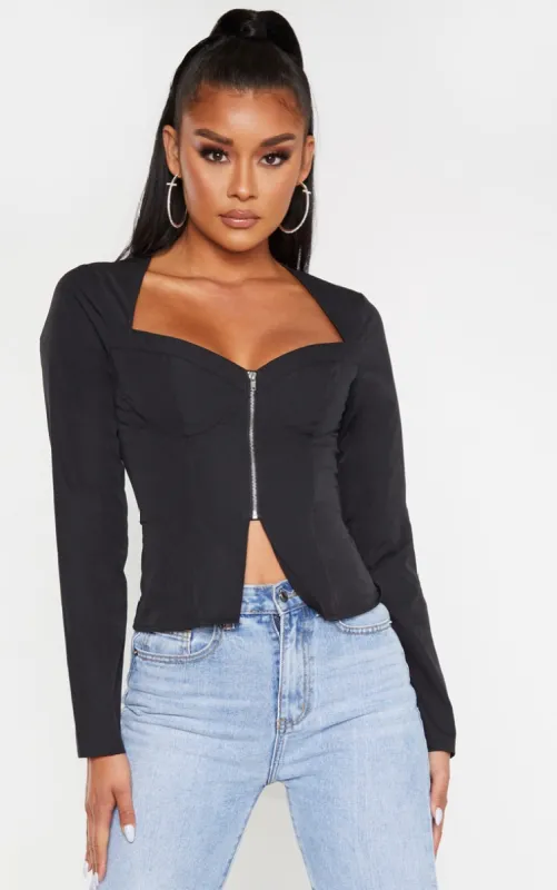 Black Woven Long Sleeve Zip Front Corset Top sold by Pretty Little Thing